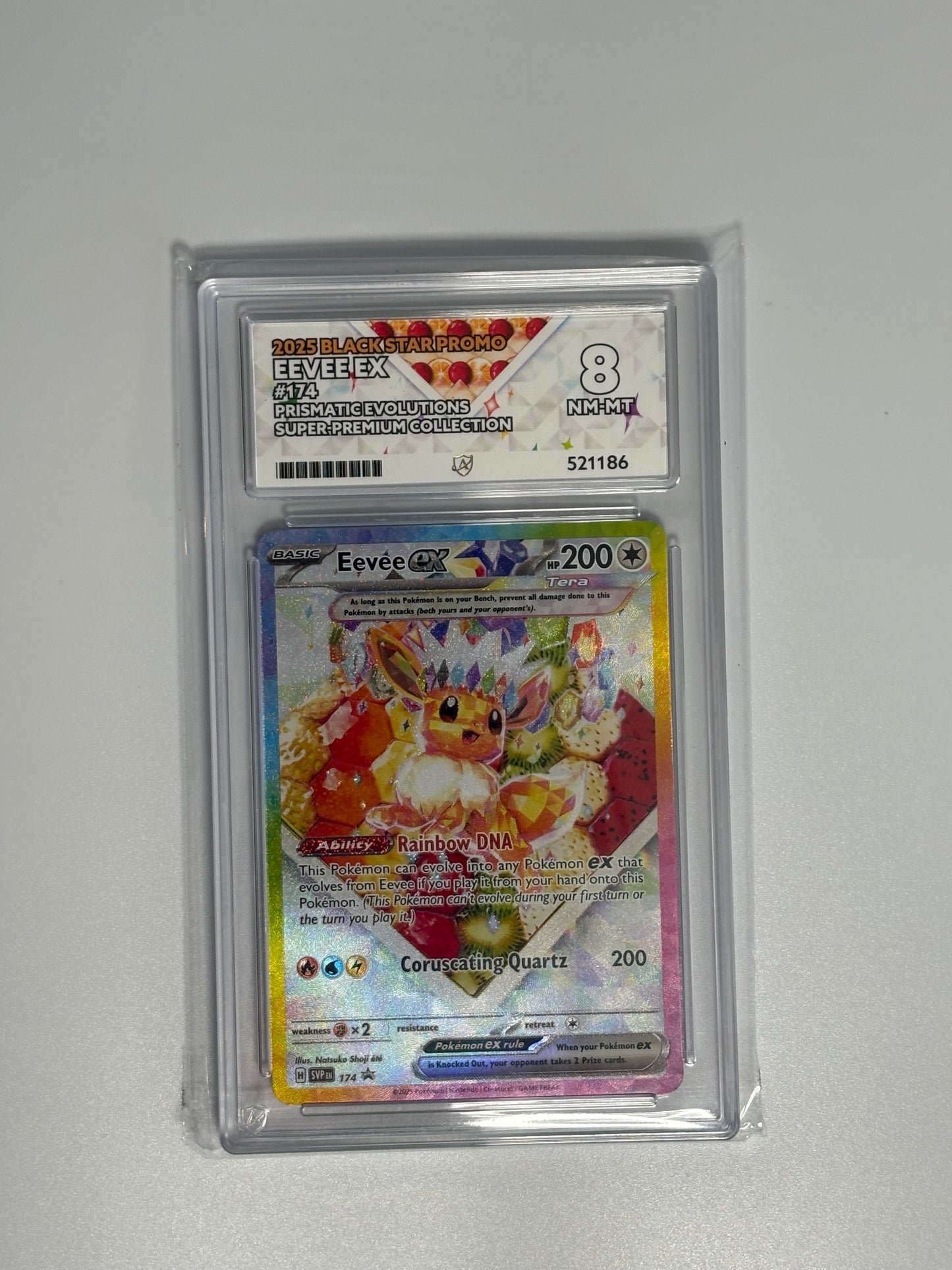 ACE Graded 8 NM/Mint – Eevee EX #174 (2023 Black Star Promo – Prismatic Evolutions Super Premium Collection)