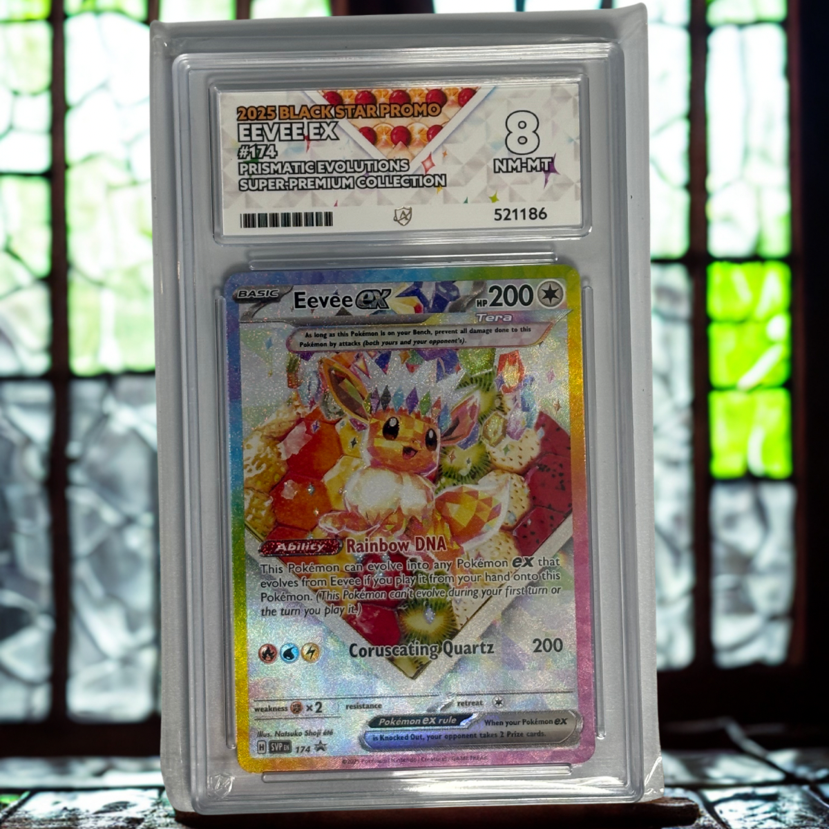 ACE Graded 8 NM/Mint – Eevee EX #174 (2023 Black Star Promo – Prismatic Evolutions Super Premium Collection)