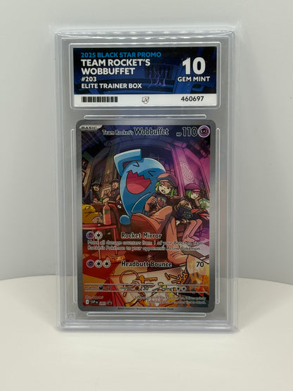 2025 Pokémon Black Star Promo – Team Rocket’s Wobbuffet #203 – ACE Grading Gem Mint 10