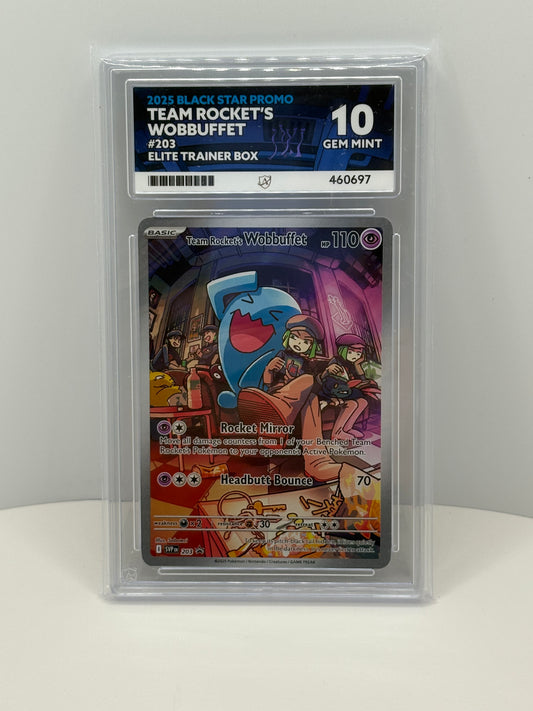 2025 Pokémon Black Star Promo – Team Rocket’s Wobbuffet #203 – ACE Grading Gem Mint 10